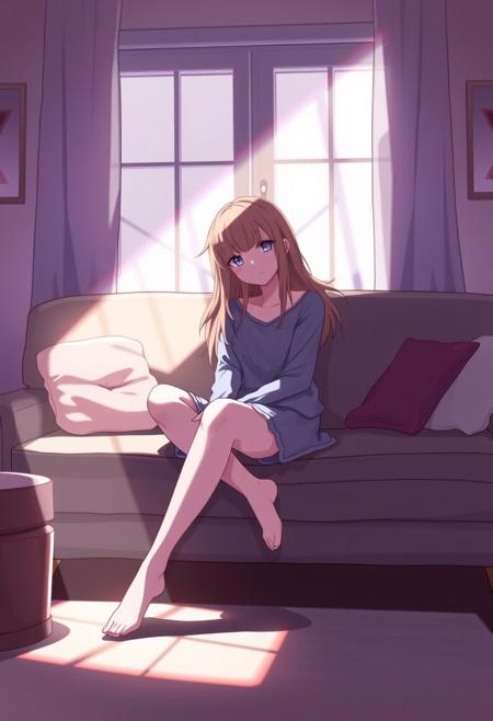 1girl,sitting on a cozy couch,crossing legs,soft light