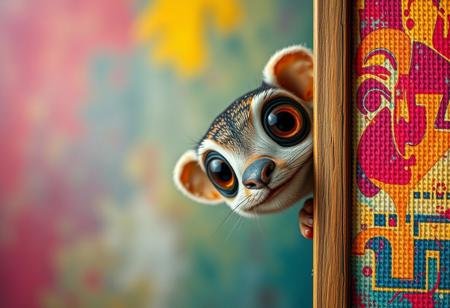 A whimsical creature peeks into the right side of a vertical canvas, its large, curious eyes staring directly into the frame as if observing the viewer. The frame itself appears to bend slightly, reacting to the creatureâs playful presence, creating the illusion that itâs part of the scene, Vibrant Glow