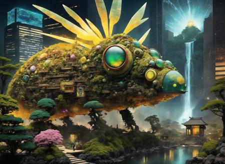 <lora:gonzobugs:1> gonzobugs Supernova Agate detail-packed insect monster with a veil of golden green tea, in a Asian garden with lots of bonsai mutiple color, 8k resolution concept art, Wadim Kashin, Alphonse Mucha, hyperdetailed, complex, hypercomplex hyperdetailed, astonishing, a waterfall with a lot of lights in it and a building in the background with a sky background and a waterfall, by Dan Mumford Dan Witz Dan Seagrave, album cover art, pixiv, cgsociety, bioluminescence