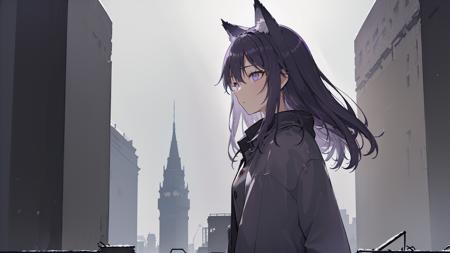 (((2girls))),(girls),(((slice of life))),(((masterpiece, best quality, extremely detailed, delicate colors, illustration, highres, 8k))) , (((wolfgirl))),(((animal ears))), ((wolf ears)),((wolf tail)), ((cyberpunk)), (((night time))), (((dark hair, purple hair, violet hair, long hair, big eyes, grey eyes,beautiful grey eyes,deep blue inner color, grey hair, half body))), (((night))),(((night time))),(((outdoors, fire))), (((coat))), (((black coat))), (((white coat, trousers, grey trousers,, pockets))), (((night, nighttime, winter, outdoors, snow,snowing, heavy snow, snow field, outside, outside a house, electric tower, industry, facility, factory, machines, highway))) (((flare, lens flare, cyberpunk, neon))), (((beam, dark sky, clouds, cloudy, storm clouds))), (((accompany, from side))), (((ruins, close up, light, crystal, backlighting))), <lora:backlighting:0.5>