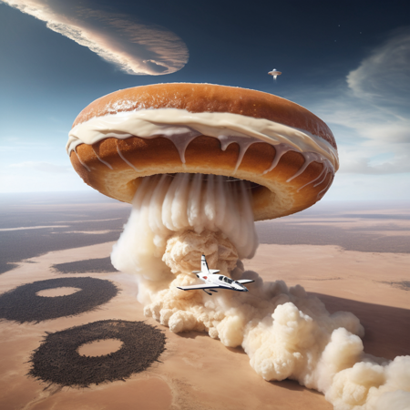 a photorealistic image of a big doughnut shaped space craft with cream on top hovering in mid air, over the amazon desert, a dust cloud below it from its engines