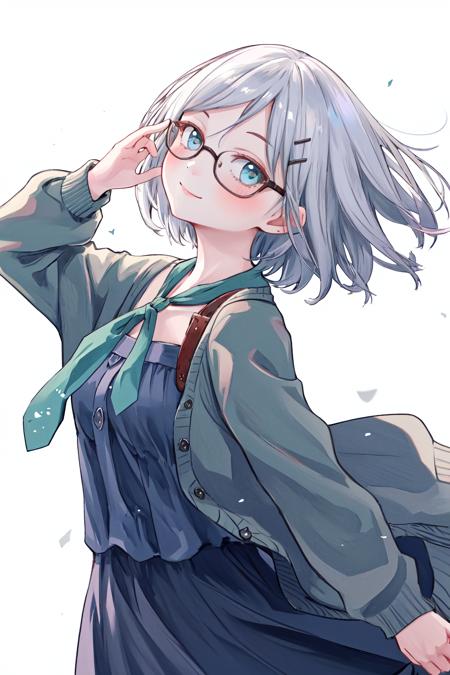 masterpiece, best quality, highres, 1girl glasses hairclip, blue dress neckerchief long sleeves open cardigan <lora:kyouko_okitegami:1> shaft head tilt, from side <lora:shaft_head_tilt2:1.0> floating hair, looking at viewer, long skirt, simple background, white background, light smile