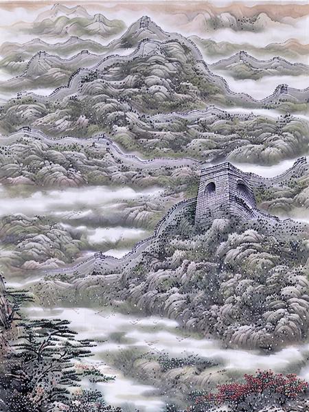 ((materpiece)), ((best quality)), ((high-res)),((extremly details)), ((Ink wash)),  ((artist)),a painting of a great wall landscope with spectacular mountains, cloud, forest, landscape, mountain, nature, no_humans, no_houses, outdoors, scenery, sky, tree,  grass, <lora:zulishisong:1>