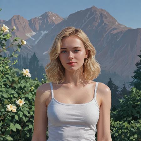 Pixel style 8-bit of A Pretty young woman with blue hazel eyes, hair gradient from brown to blonde, rose puffy lips, pretty face, luscious, attractive slim body, wearing a white crop top and a blue jeans, stand in front of a mountain range and a garden of green leafs and flowers, clear blue sky, sun, lens flare, 8K, saturated colors. PXLART