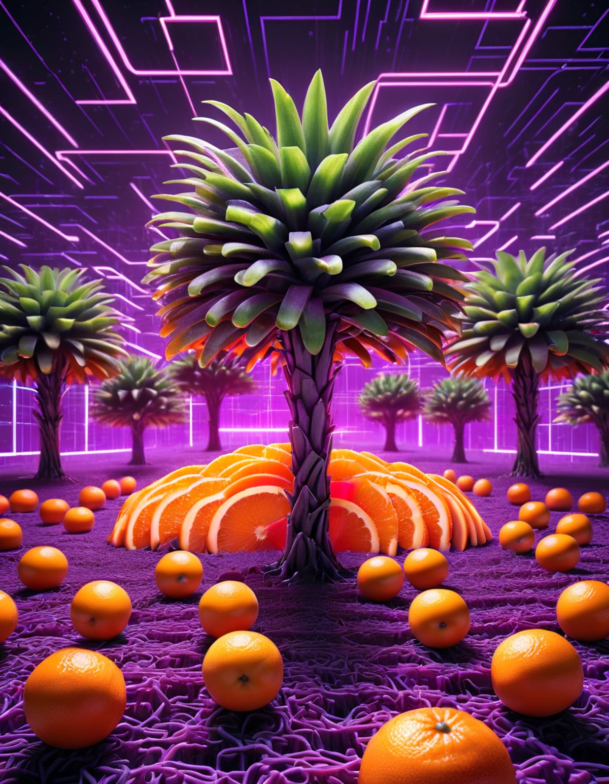 tree, orange ral-barriertape glowing outlines, purple coloring, dynamic pose, grid, motion blur, cyberpunk, 1980s, retro, ...