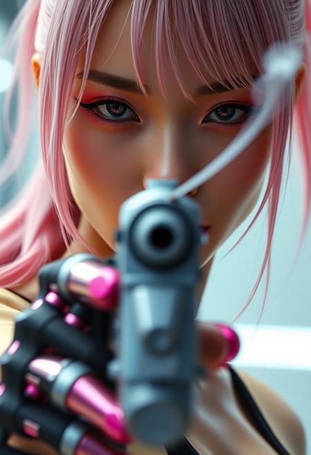 Extreme close-up of a tall, slender Japanese cyberpunk assassin aiming a silver futuristic pistol directly at the viewer. The barrel is centered but slightly blurred in the foreground. Her blush pink hair is in a long ponytail with slightly brushed bangs and loose strands framing her face.
She wears bold red Asian-style eyeshadow:1.2, and both highly detailed cybernetic eyes glow faint pink:1.69, one eye looking directly down the gun sights.
Her cybernetic hand, visible and gripping the weapon, is finished in glossy pink chrome, intricate and feminine. A thin trail of smoke rises from the barrel, drifting across her calm, cold expression. The image is dramatic, intimate, and cinematic — the precise moment after the kill.”