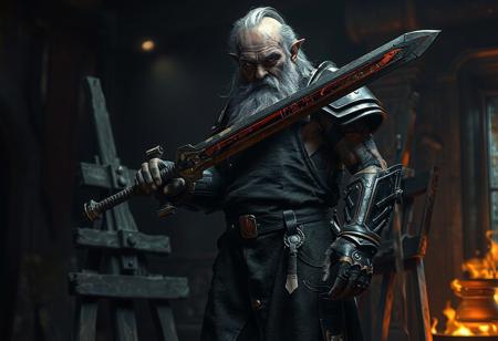 A full body view of an old cyber male warlock, from the Warhammer 40k universe, with a Burning Soul Sword, standing at an easel wearing a blacksmith apron. The setting has a dark color scheme, and the warlock is depicted as a terminator without flesh, with dwarven features from the '20s. Enhance the artwork with high-resolution, 4K quality, lifelike details, sharp lines, harmonious colors, dynamic action pose, captivating lighting, vivid emotions, and a golden ratio composition. Utilize advanced rendering techniques such as Octane Render, Unreal Engine 5, Raphael Style, and Houdini Style. Add a powerful message, beautiful detailed eyes, and showcase the artwork on CGSociety and Artstation trending on ArtstationHQ.