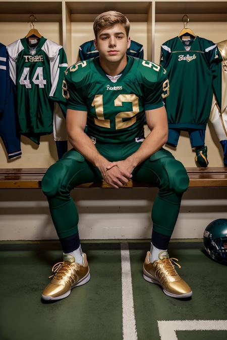 in an American football locker room, (sitting on a bench), legs spread open, JoeyMills, American football player wearing American football uniform, American football shoulder pads, (pine green jersey:1.4), jersey number 2, (pale gold football pants and pads:1.4), (pine green socks:1.2), (black sneakers:1.2), (((full body portrait))), wide angle  <lora:JoeyMills:0.8>