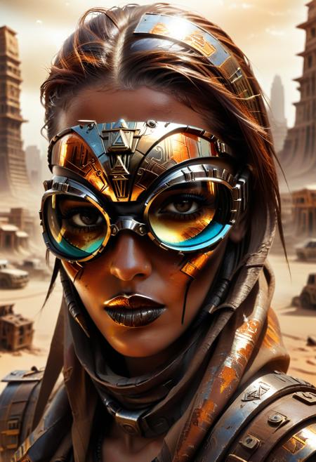 dvr-rst, a high-contrast traditional media of a Egyptian woman's face with a futuristic, cyberpunk aesthetic. She wears large, round, reflective goggles that display a cityscape, possibly Cairo City, with skyscrapers and a bright sun. Her hair is slicked back, and she has a pale complexion. Her lips are painted black, matching her glossy, high-fashion lipstick. The background is a gradient of gray, creating a stark contrast with her features. The image is shot at a close-up angle, emphasizing the woman's intense, enigmatic expression and the detailed textures of her makeup and goggles.
