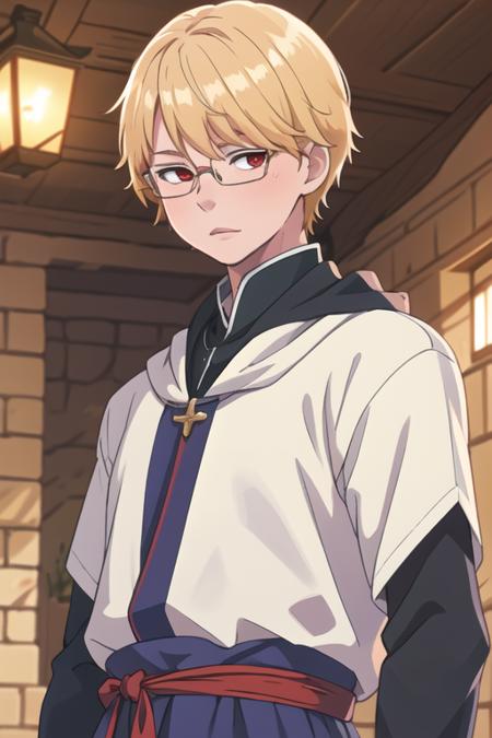 masterpiece, best quality, game cg, 1boy, solo, male focus, looking at viewer, upper body, depth of field, <lora:eita_sasaki:0.66>, eita_sasaki, glasses, blonde hair, red eyes, medieval costume, time travel,