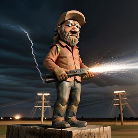 Wooden flo from state farm shooting lightning from his hands at power poles, 8k extreme detail, Outside, standing next to a metal machine, realistic, perfect, no mistakes,