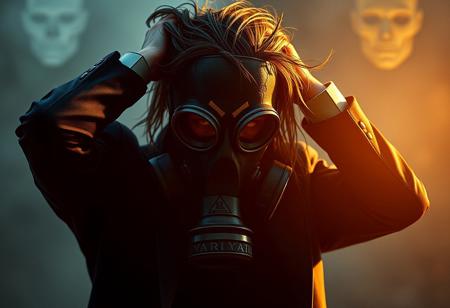 "Create a hyper-realistic, micro-detailed image in the style of horror, featuring a person in a dark suit and gas mask, depicted in a distraught state with their hands in their hair, also incorporate elements of dark-matter from Gi Joe and Apex Legends. The image should be in 16k resolution, utilizing dramatic lighting and the golden ratio, aiming for an elite and ornate aesthetic. This piece should aim to trend on ArtStation and Behance, embodying the quality of Weta Digital and the style of artists such as Zdzisław Beksiński, Adam Solondz, and Dragana Bibin."
