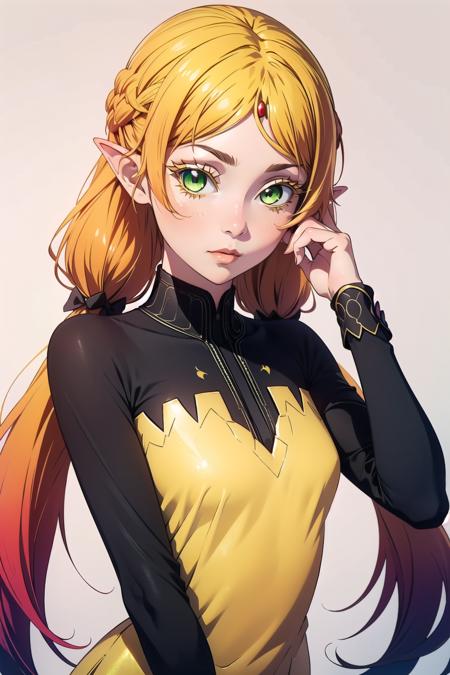 ((best quality)), ((masterpiece)), <lora:idk:0.8>, sui, (suidefault:1.1), eyelashes, colored eyelashes, blonde hair, gradient hair, long hair, low twintails, hair_bow, circlet, (yellow sleeveless dress:1.1), (black long sleeves:1.1), black pantyhose, looking at viewer, upper body, hand on own face