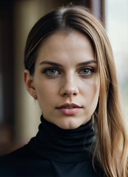 A stunning intricate full color portrait of (sks woman:1), wearing a black turtleneck, epic character composition, by ilya kuvshinov, alessio albi, nina masic, sharp focus, natural lighting, subsurface scattering, f2, 35mm, film grain, <lora:lora_annachlumsky_v1_from_v1_160:1>