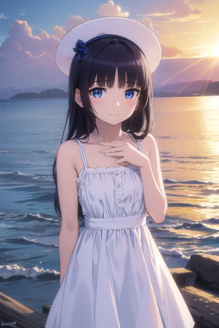 rurigokou, <lora:ruri gokou s2-lora-nochekaiser:1>,
ruri gokou, long hair, black hair, dress, pantyhose, mole, mole under eye, hime cut, smile,
BREAK blue eyes, hat, dress, white dress, sun hat, sundress,
BREAK outdoors, beach,
BREAK looking at viewer, (cowboy shot:1.5),
BREAK <lyco:GoodHands-beta2:1>, (masterpiece:1.2), best quality, high resolution, unity 8k wallpaper, (illustration:0.8), (beautiful detailed eyes:1.6), extremely detailed face, perfect lighting, extremely detailed CG, (perfect hands, perfect anatomy),