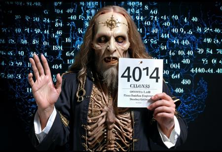 high quality lost 404 occult leader holding a 404. Very clear text showing the numbers exactly as "404". 404. extremely detailed, crazy number 404. Humanoid genetic engineering lab experiment. Very captivating. Hyper-realistic 404 freak. insanely overwhelming 404 strangeness. Otherworldly chaos. Chaotic '404' party scene. Full view, HD, 4k, ultra realism.