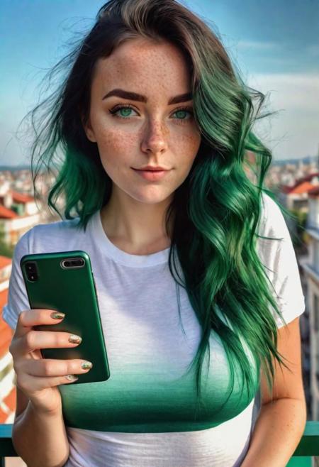 girl, long dark green ombre hair, emerald eyes, white t-shirt, medium breasts, freckles, standing on the balcony, holding a phone watching at the viewer, upper body photo, hyperrealistic, 8k, highest quality, HDR+,