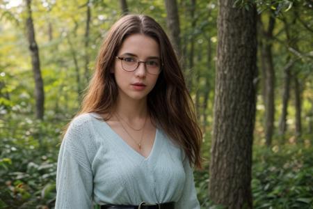 35mm film, one pretty european girl, solo, supermodel, long light brown hair, long wavy hair, pale skin, perfect face, small nose, blue eyes, lips, big tits, nice breasts, necklace, black frame glasses, short blue lace dress with a belt, white heeled shoes, looking at viewer, looking directly at viewer, a breathtaking forest view, offering panoramic views of majestic and sweeping trees, nature light, early spring season, full body view of girl, epiCPhoto, <lora:pytorch_lora_weights:0.5>, <lora:picxer_real:0.7>, <lora:FilmVelvia3:0.3>, <lora:more_details:0.6>