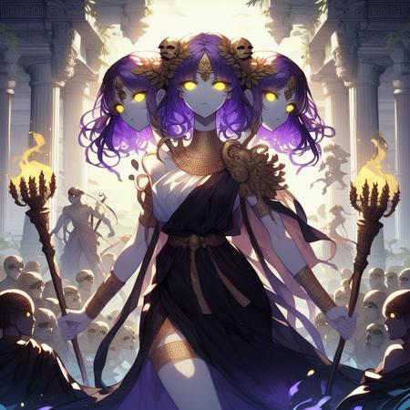 hecate hecate, greek goddess three heads yellow eyes, purple hair