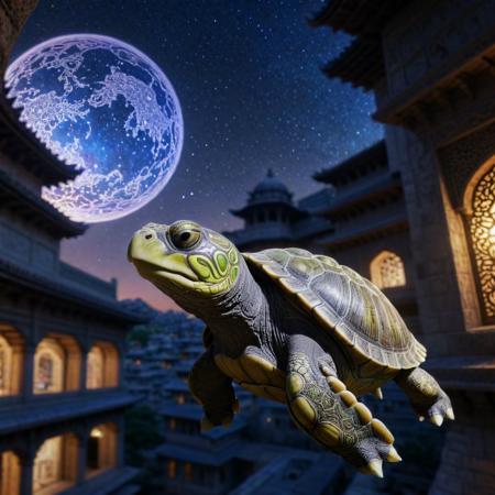 anime key visual, intricate background, over the shoulder shot of a Infused Striking (Turtle of Ancients:1.3) - Toad hybrid, from inside of a Stunning City Palace of Udaipur, spring nature and Canis Minor constellation in background, Moon in the night, equirectangular 360, Contemporary, Evil, Queercore Art, specular lighting, 80mm, Polychromatic, sunbeam, dreamy, trending on artstation, contest winner, (designed by Ryohei Fuke:1.2)