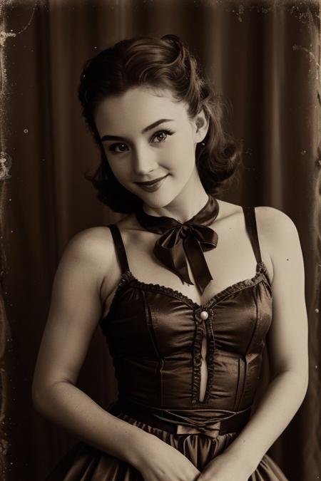 retro pin up photo , (Sepia:1.2), a ballerina wearing tutus,1950s Fashion, MAKEUP ,Shoulder out, poses in front of the camera, Hollywood Smile, realistic photo 、Ballet poses