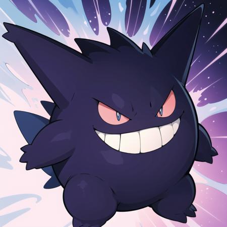 ((masterpiece,best quality)), absurdres,
<lora:Gengar_Pokemon_v2_Anime:0.7>, Gengar_Pokemon,  no humans, pokemon \(creature\),
solo, smiling, looking at viewer, 
purple theme, cinematic composition,