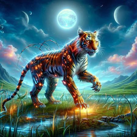 Cyberspace, glowing magical energy in cyberspace, score_9, score_8_up, score_7_up, score_6_up, score_5_up, score_4_up score_9,score_8_up,a realistic cyborg Tiger on a Grass Plains by Crescent Moon