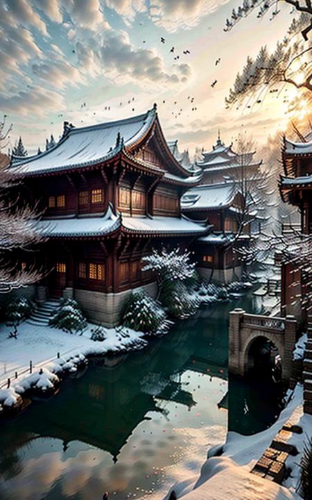 (best quality,ultra-detailed,realistic,RAW photo,8k uhd,ultra high res,photorealistic style,cinematic scenes, masterpiece,dramatic lighting,extremely detailed CG unity wallpaper) ,empty scene,courtyard in winter,snow,lanterns,<lora:CSAL_Jiangnan_v11_100:1>