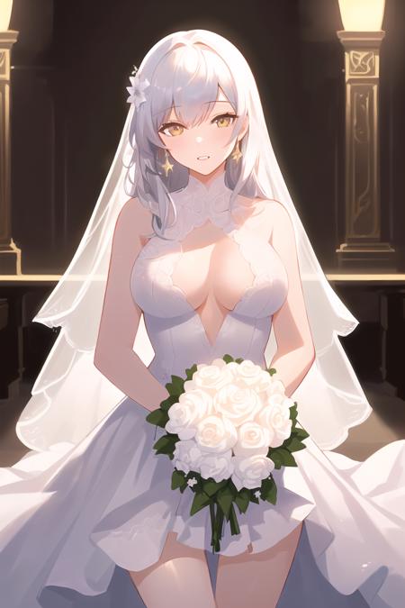 photo of a iom girl,((masterpiece, best quality, high resolution, distinct image, illustrations, )), hyper details, delicate detailed, intricate details, best illumination, high contrast, cutest, solo female, white hair, long hair, golden eyes, nsfw wedding dress, bail, bouquet, wedding hall, cowboy shot, ((marvelous illustration)), (detailed splash),  extremely detailed CG unity 8k wallpaper, ((ultra-detailed)), (best illustration), (best shadow), ((an extremely delicate and beautiful)), ((cinematic light)),