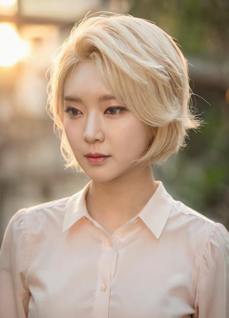 a beautiful picture of ch04xlv2,blonde,short hair, detailed skin texture,masterpiece, face focus, photorealistic, woman, 4k, HDR, backlighting, bloom, light, RAW color photo,(fully in frame:1.1), (blush:0.5), (goosebumps:0.5), wearing a blouse, asian. happy, idol  <lora:ch04xlv2:1>, korean