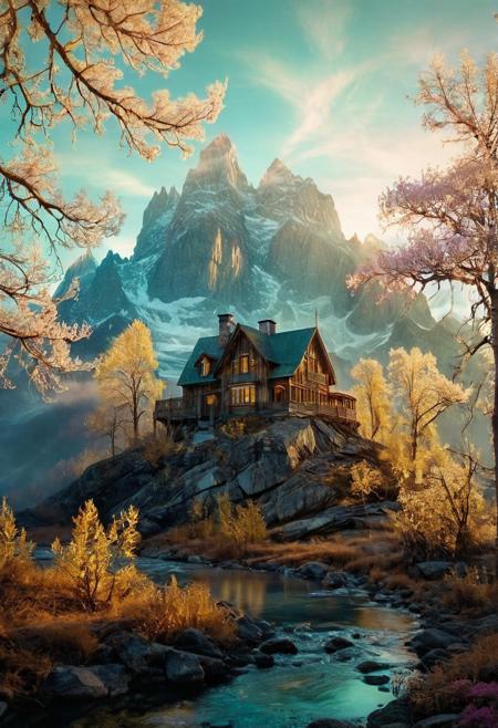 (by Ellen Jewett:1.5), ((gold Bioluminescent Impressionism: 1.8), The Dreamland), their peaks veiled in mist. mixed media, surrealism, great lighting, A surreal landscape highly detailed . extremely high-resolution details,  appears trapped in an optical illusion of reflections and refractions colorful , luxurious mountain cabin, ice and snow, professional photography, natural lighting, volumetric lighting maximalist. intricately detailed, complex, elegant, expansive, fantastical, film photography style,  medium grain,  <lora:MJ52:0.3>  <lora:SDXLFaeTastic2400:0.4>  <lora:EpicF4nta5yXL:0.7>.ethereal landscapes, depth of field, biotech emotion:1.3) <lora:xl_more_art-full_v1:0.5> <lora:add-detail-xl:1> <lora:RMSDXL_Creative:2>