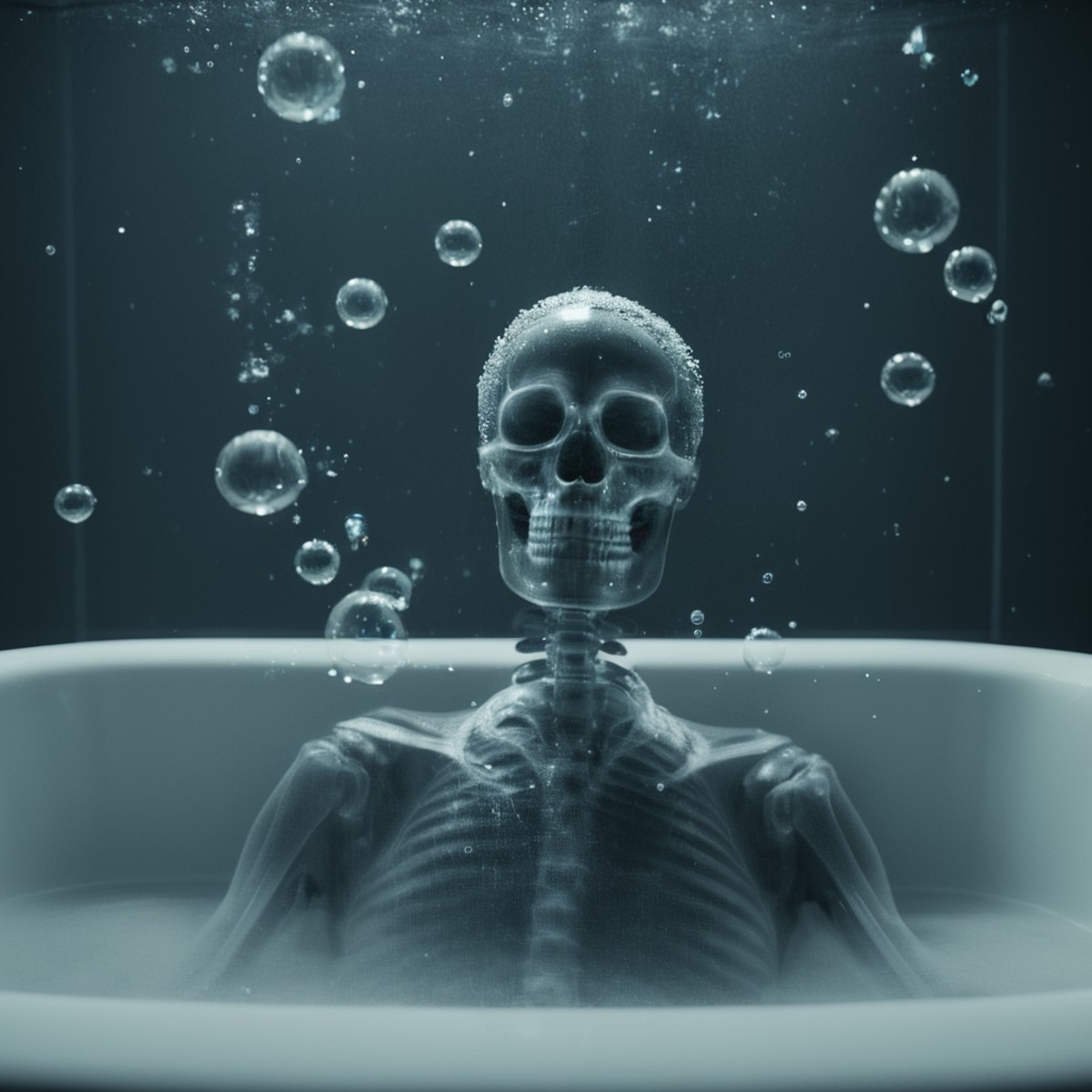 cinematic film still of  <lora:x-ray style:1> X-ray of
a skeleton in a bathtub with bubbles
,x-ray style, shallow depth of...