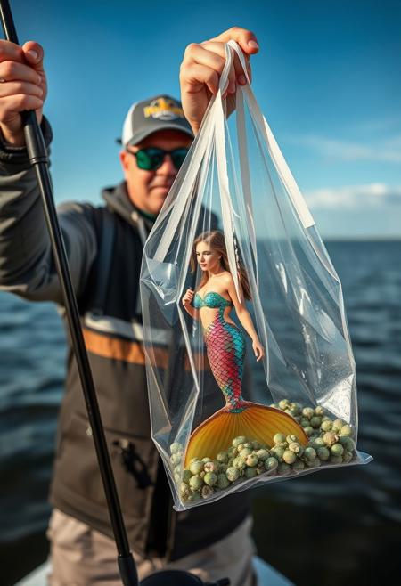 fisherman holds a transparent bag with beauty mermaid inside and a fishing rod. true story! vivid colors, professional photoshoot, 50mm lens