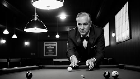 cinematic photo Very Beautiful old-fashioned Old Black and White Photograph of a man playing pool in a suit with background a pool hall, cinematic highly detailed . 35mm photograph, film, bokeh, professional, 4k, highly detailed