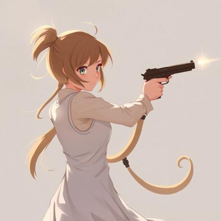 A girl firing a gun. Her tail wiggles up and down. There is a small breeze flowing though her hair.