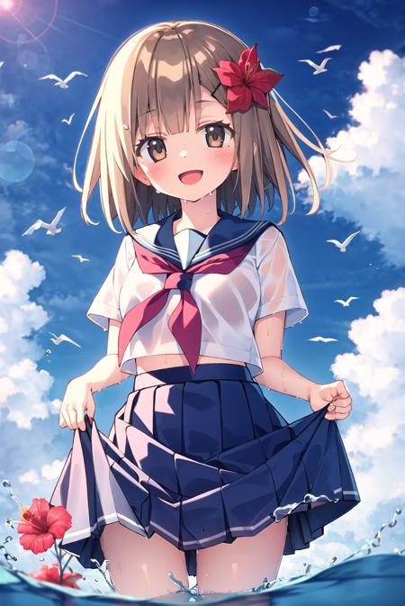 <lora:zoirun:1>1girl, skirt, flower, solo, wading, smile, bird, sky, outdoors, day, serafuku, water, neckerchief, cloud, shirt, :d, ocean, seagull, blush, teeth, hibiscus, standing, wet, bangs, sunlight, hair ornament, hair flower, school uniform, long hair, open mouth, pleated skirt, short sleeves, brown eyes, looking at viewer, white shirt, blue sky, sailor collar, blue skirt, brown hair, water drop, red neckerchief, lens flare, cowboy shot, upper teeth, skirt hold, red flower, wringing clothes