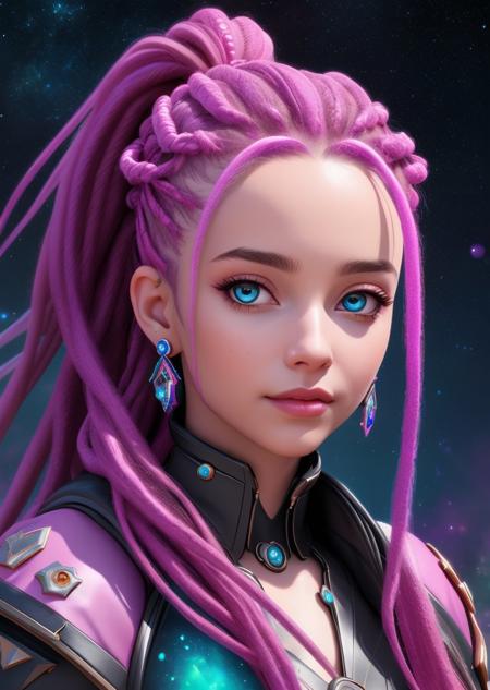 8k portrait, Queen of Chaos, melting into a magical puddle of stars, beautiful eyes, dreadlocks in a ponytail, vibrant colors,  highly detailed, digital painting, Style-Gravitymagic,  artstation, concept art, smooth, sharp focus, illustration, Unreal Engine 5, 8K,