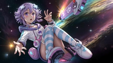 1girl,<lora:FeiML-000005:1> , <lora:nepu1:1>, nepdef1, hair ornament,looking at viewer, depth of field, hover board, galaxy,full body,