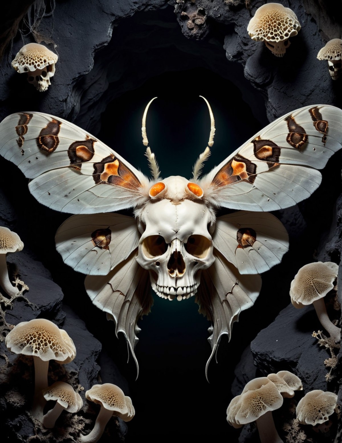 photo of a moth combined with a skull, close up, black dark cave with (glowing fungus:1.3), creepy ambiance, symmetrical w...