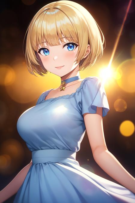 (masterpiece, best quality,) 1girl, 
short hair, blue eyes, blonde hair, blunt bangs, large breasts, smile, dress, choker, 
simple background, bokeh, dark room, lens flare, 
<lyco:torinoAquaAingBase-10:0.8>