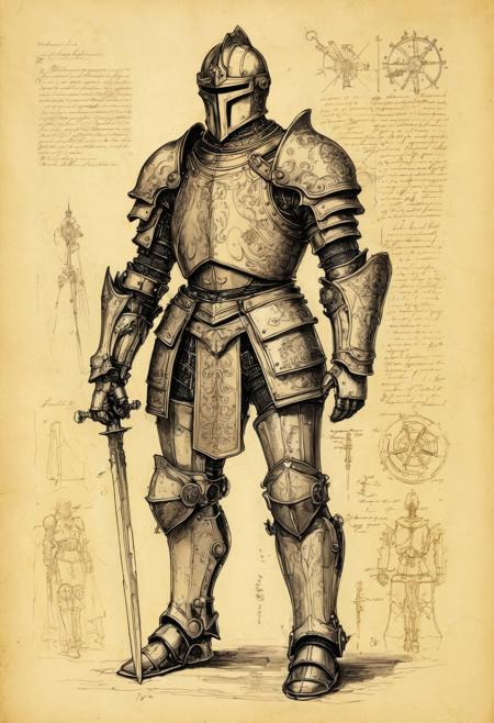  Ink sketch on aged parchment, a mechanical knight designed by Da Vinci, a complex suit of armor powered by intricate gears, springs, and pulleys. The knight stands tall, its chestplate adorned with ornate engravings, while its joints are articulated with fine, detailed lines, suggesting fluid motion. The dark ink contrasts against the yellowed parchment, blending Renaissance craftsmanship with the futuristic concept of an automated warrior