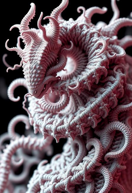 close up dof render of a mythical creature made of detailed spiraling fractals and tendrils, detailed recursive skin texture