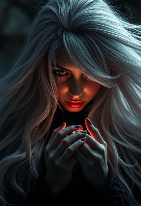 Shadowed-queen, dark-mystic woman with flowing white-gray hair, fantasy-adventure, cradling a small radiant ruby, vivid realism with intricate details, pastel shades, dramatic lighting, ultra-realistic, photogenic, wide-angle shot, sharp focus on subject, motion-blurred backdrop, subtle sparkle in asymmetrical hairstyle