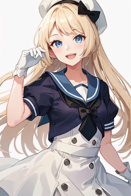 best quality, masterpiece, highres, solo, {jervis_kantaicollection:1.15}, blonde_hair, long_hair, blue_eyes, hat, white_headwear, sailor_hat, smile, open_mouth, 1girl, blue_sailor_collar, dress, gloves, looking_at_viewer, one-hour_drawing_challenge, sailor_collar, sailor_dress, short_sleeves, simple_background, upper_body, white_background, white_dress, white_gloves