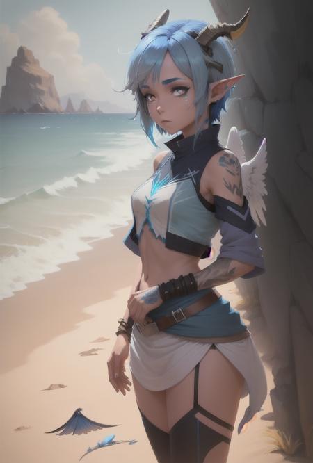 solo, four fingers, on a beach, inticrate background, female skywing elf, 2 horns, blue hair, woman, gray skin, blue top, wings <lora:xadia_elves_small:1>