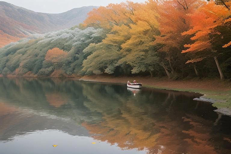 a silver boat in the shape of a swan floats on an autumn forest lake, the surface of the lake is strewn with amber leaves