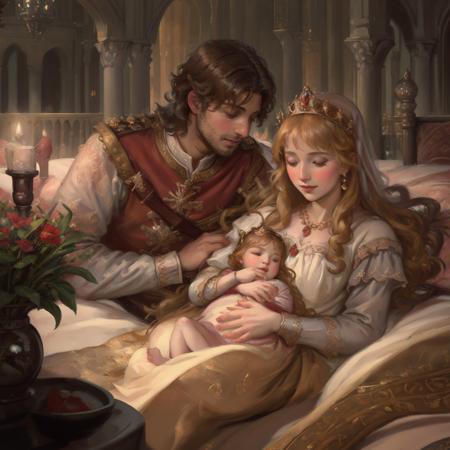 seakaythree, welcometour, medieval illustration, a princess laying in bed with a baby in her arms with a man