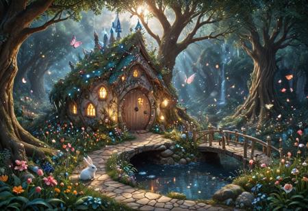 (Isekai anime style.Anime coloring.(0.9))In a whimsical world, a beautiful fairy garden blooms with vibrant flowers and sparkling fountains. A delicate, crystal bridge spans a gentle stream, leading to a majestic tree with leaves that shimmer like diamonds. A friendly, fluffy rabbit hops along the winding path, surrounded by fluttering butterflies and sweet, singing birds. The garden is filled with hidden treasures, like a tiny, glowing fairy door and a secret, shimmering cave. A soft, fluffy cloud drifts lazily across the sky, casting a warm, gentle shadow over the garden. The air is filled with the sweet scent of blooming flowers and the soft, soothing sound of gentle chimes. It's a peaceful, magical place where dreams come alive and wonder waits around every corner.master_class,master_piece,up_8,up_9,perfect beautiful,perfect beautiful early morning light.