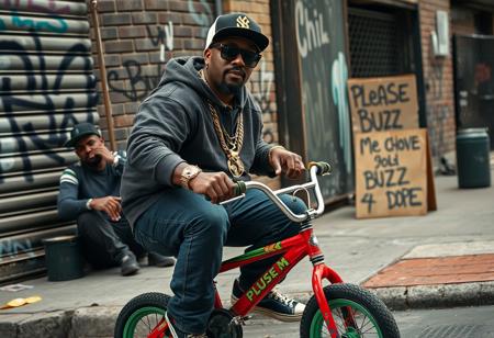 “Create a highly detailed, realistic photographic image captured with an aspherical Panavision 105mm lens effect. The scene features a big, heavyset rapper with a bold hip-hop style, inspired by Snoop Dogg and 50 Cent, riding a small, colorful young boy’s bicycle. The rapper wears large gold chains with diamond accents, oversized sunglasses, and a fitted cap turned slightly to the side. His outfit includes a baggy hoodie, jeans, and classic sneakers, with visible tattoos on his forearms. His expression is cool and confident, capturing classic hip-hop swagger. Nearby, a man sits on the sidewalk, casually smoking crack, adding to the gritty atmosphere of the scene. A cardboard sign on the wall reads, ‘Please BUZZ me 4 dope,’ enhancing the urban vibe. In the background, set in the Bronx, is a gritty urban environment with graffiti-covered walls and a hint of street activity, including someone discreetly smuggling a small, suspicious package. The scene combines realism with a dramatic urban vibe, highlighting hip-hop culture and the street’s raw atmosphere.”