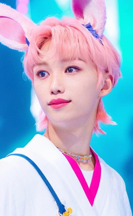 <lora:Felix_V3_9760:0.8>
masterpiece,best quality,real,upper body portrait,masterpiece,Felix_\(Stray Kids\),stage:1.8,stage makeup, stage lighting,serafuku, sailor suit:1.2,(white skin,male figure:1), (close-up photo:1.2),1boy,fair complexion,broad shoulders:1.5,(pink hair, :1.2),(bangs,freckle), freckle,smile,rabbit ears:1.8,shy